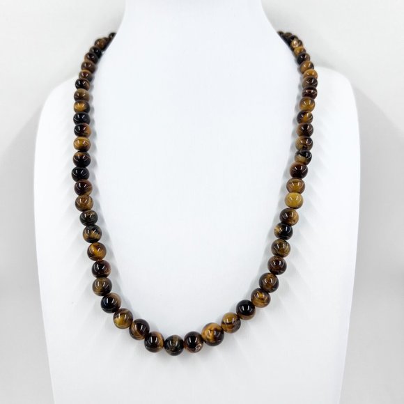 Single Strand Tigers Eye Beaded 15” Choker Necklace w/ Barrel Clasp - Picture 2 of 6